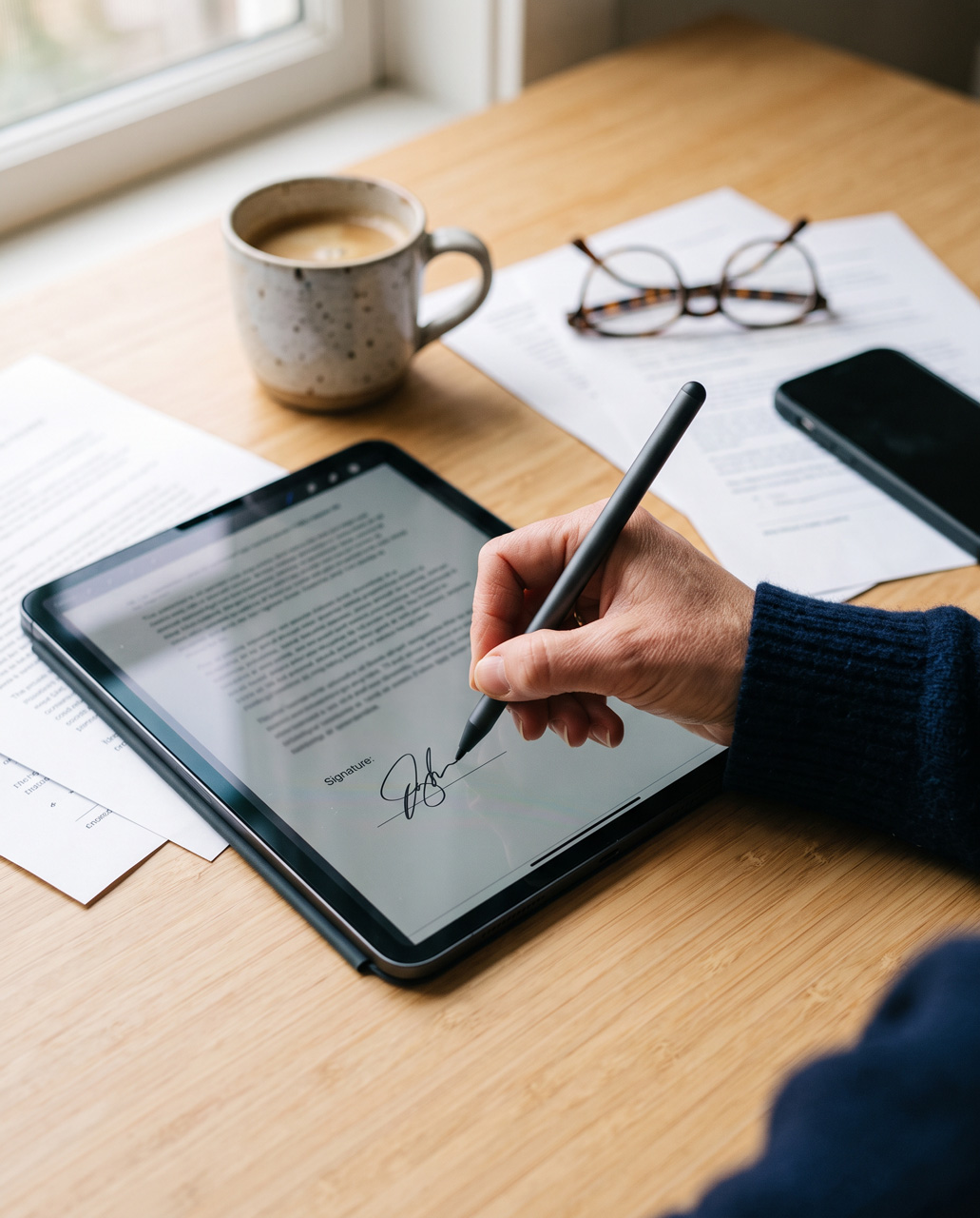 Close-up of a hand signing a document on a tablet with a stylus, next to a coffee cup and papers.