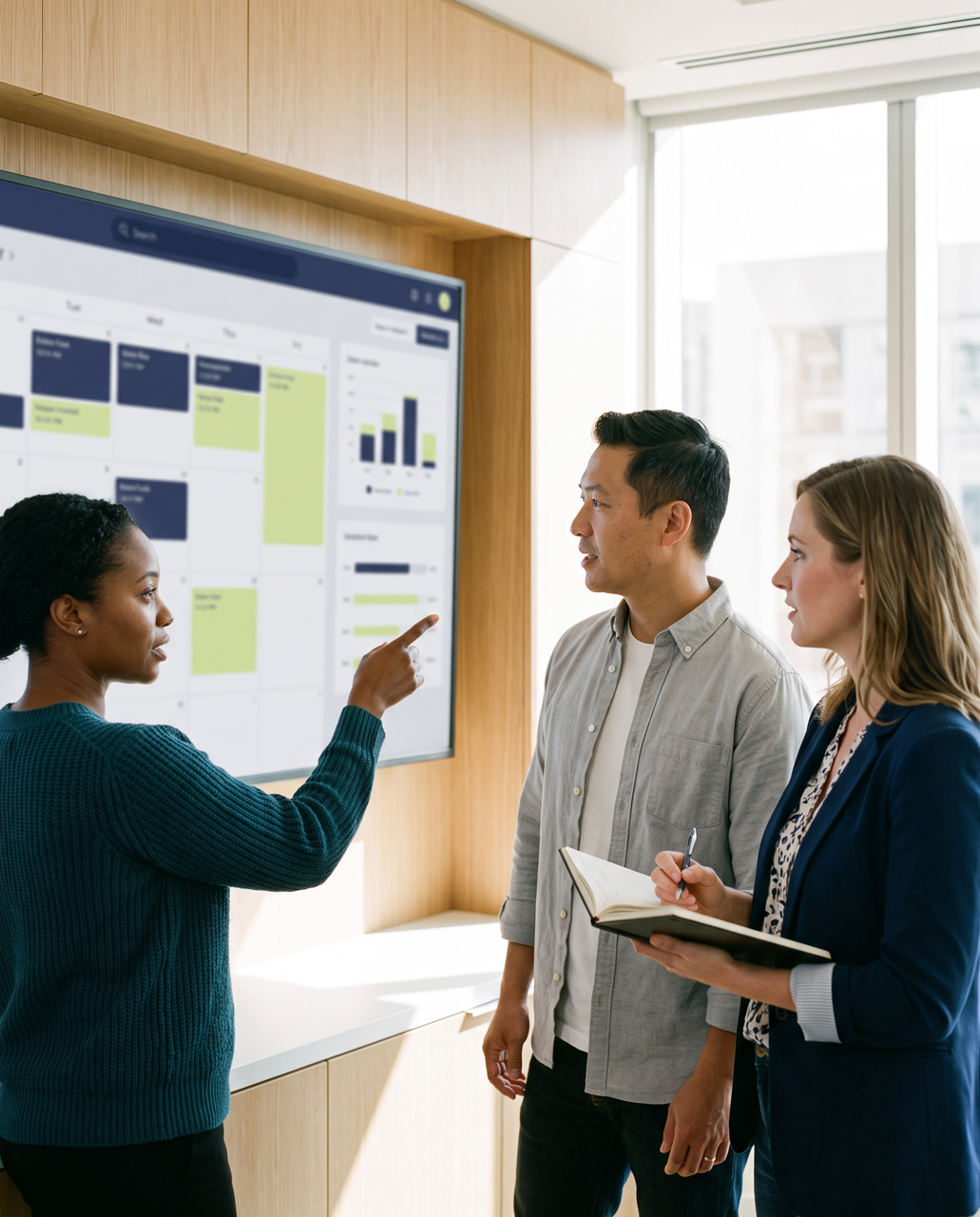 A small team in front of a large wall screen showing a calendar, planning together.
