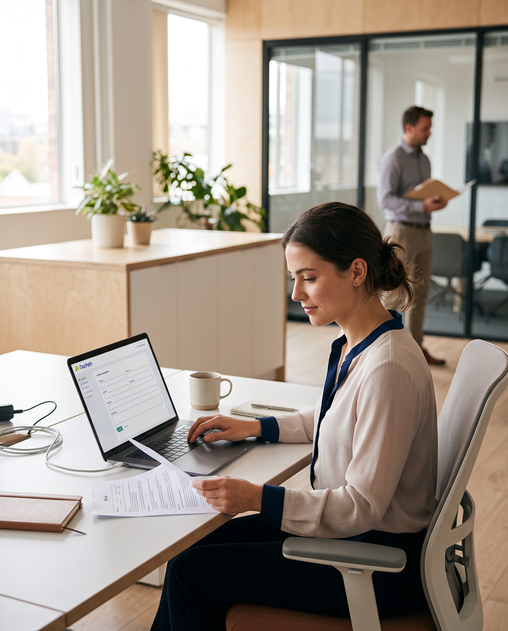 A person at a desk filling in a request on a laptop, with a colleague in the background of a bright office.