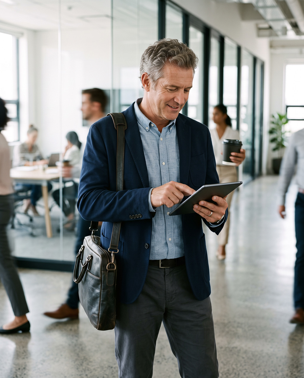 A manager reviewing a document on a tablet while walking through an office.