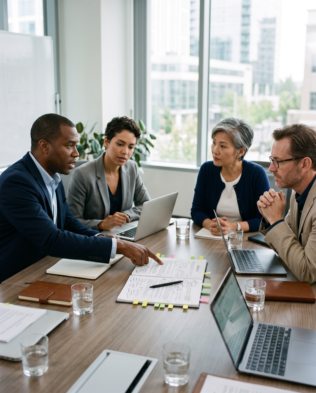 Two parties around a meeting table with laptops and a printed contract, discussing its terms.